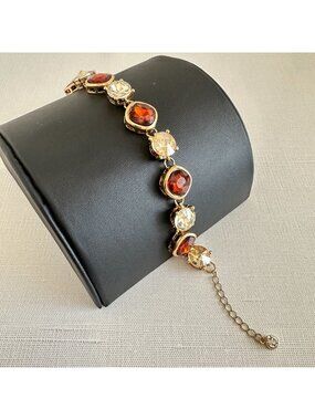 Y2K Amber Crystal Rivoli Bracelet, Cognac and Clear Glass Gold Tone Tennis Brace